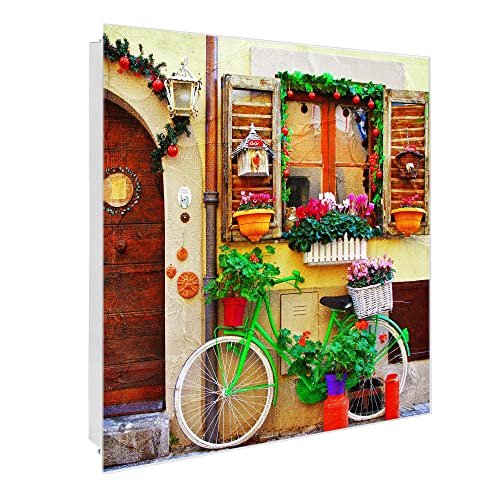 banjado® Großer Schlüsselkasten Glas/Schlüsselbox 30cm x 30cm mit 50 Haken - Motiv Grünes Fahrrad/Schlüsselkasten modern für Schlüsselaufbewahrung mit beschreibbarer, magnetischer Glastür von banjado