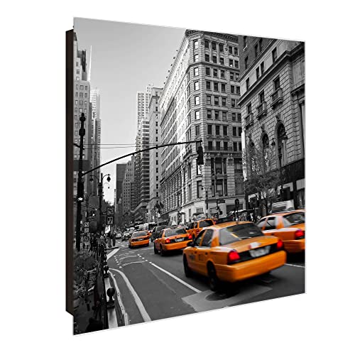 banjado® Großer Schlüsselkasten Glas/Schlüsselbox 30cm x 30cm mit 50 Haken - Motiv New York Taxi/Schlüsselkasten modern für Schlüsselaufbewahrung mit beschreibbarer, magnetischer Glastür von banjado