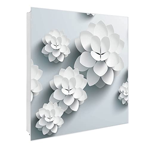 banjado® Großer Schlüsselkasten Glas/Schlüsselbox 30cm x 30cm mit 50 Haken - Motiv Papier Lotus/Schlüsselkasten modern für Schlüsselaufbewahrung mit beschreibbarer, magnetischer Glastür von banjado