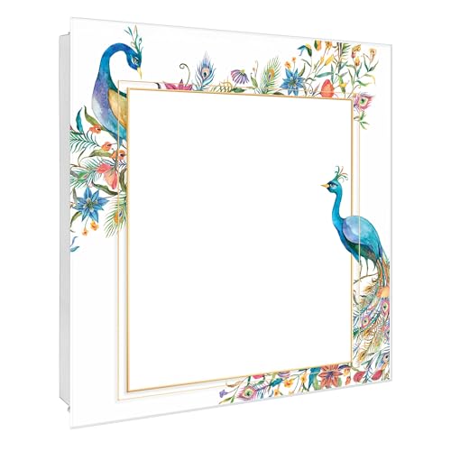 banjado Großer Schlüsselkasten Glas - Schlüsselbox 30x30cm mit 50 Haken - Schlüsselkasten modern für Schlüsselaufbewahrung mit beschreibbarer, magnetischer Glastür - Motiv Pfauenparadies von banjado