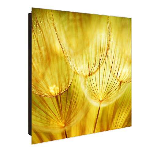 banjado® Großer Schlüsselkasten Glas/Schlüsselbox 30cm x 30cm mit 50 Haken - Motiv Pusteblumen Gold/Schlüsselkasten modern für Schlüsselaufbewahrung mit beschreibbarer, magnetischer Glastür von banjado