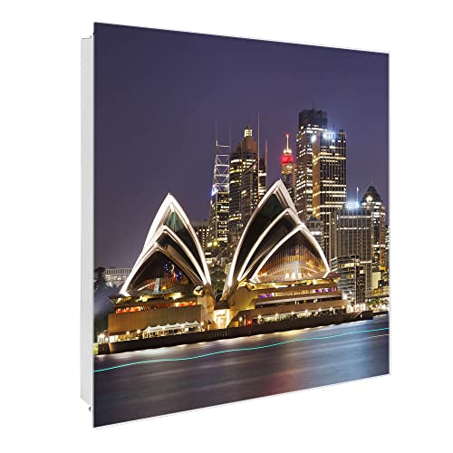 banjado® Großer Schlüsselkasten Glas/Schlüsselbox 30cm x 30cm mit 50 Haken - Motiv Sydney/Schlüsselkasten modern für Schlüsselaufbewahrung mit beschreibbarer, magnetischer Glastür von banjado