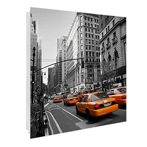 banjado® Großer Schlüsselkasten Glas/Schlüsselbox 30cm x 30cm mit 50 Haken - Motiv Taxi NY/Schlüsselkasten modern für Schlüsselaufbewahrung mit beschreibbarer, magnetischer Glastür von banjado