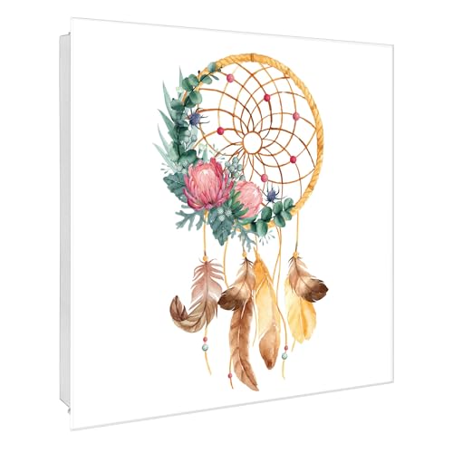 banjado® Großer Schlüsselkasten Glas/Schlüsselbox 30cm x 30cm mit 50 Haken - Motiv Traumfänger Federn und Blumen/Schlüsselkasten modern für Schlüsselaufbewahrung mit beschreibbarer, magnetischer G von banjado