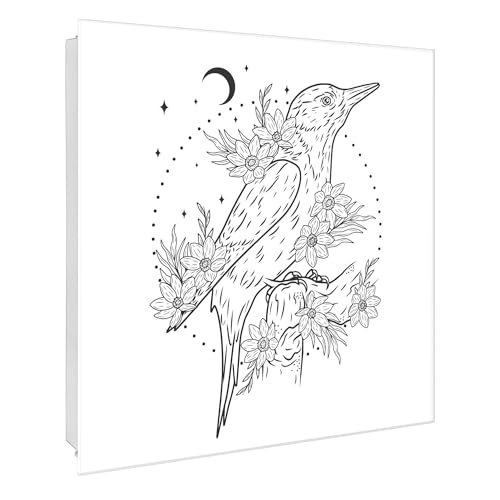 banjado® Großer Schlüsselkasten Glas/Schlüsselbox 30cm x 30cm mit 50 Haken - Motiv Vogel und Blumen im Mondlicht/Schlüsselkasten modern für Schlüsselaufbewahrung mit beschreibbarer, magnetischer G von banjado
