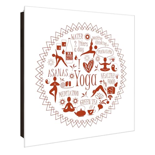 banjado® Großer Schlüsselkasten Glas/Schlüsselbox 30cm x 30cm mit 50 Haken - Motiv Yoga und Achtsamkeit/Schlüsselkasten modern für Schlüsselaufbewahrung mit beschreibbarer, magnetischer Glastür von banjado