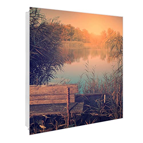 banjado® Großer Schlüsselkasten Glas/Schlüsselbox 30cm x 30cm mit 50 Haken - Motiv Bank Am See/Schlüsselkasten modern für Schlüsselaufbewahrung mit beschreibbarer, magnetischer Glastür von banjado