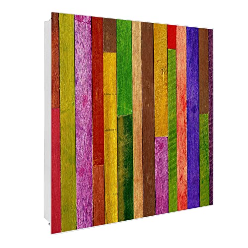 banjado® Großer Schlüsselkasten Glas/Schlüsselbox 30cm x 30cm mit 50 Haken - Motiv Holz Collage Bunt/Schlüsselkasten modern für Schlüsselaufbewahrung mit beschreibbarer, magnetischer Glastür von banjado