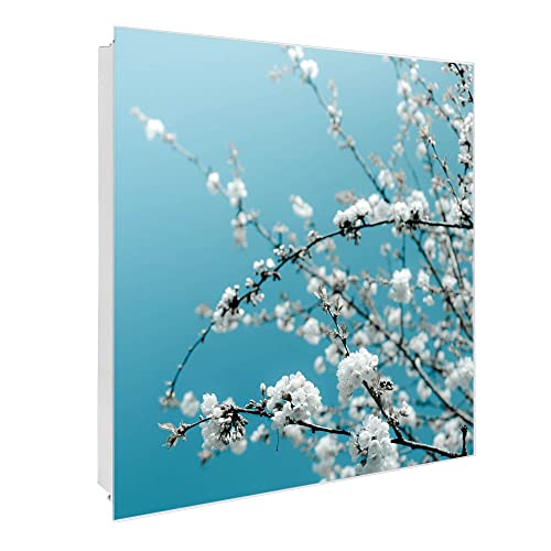 banjado® Großer Schlüsselkasten Glas/Schlüsselbox 30cm x 30cm mit 50 Haken - Motiv weiße Kirschblüten/Schlüsselkasten modern für Schlüsselaufbewahrung mit beschreibbarer, magnetischer Glastür von banjado