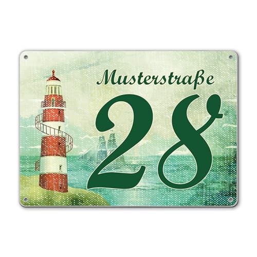 banjado® Hausnummernschild personalisierbar Motiv Alter Leuchtturm - Hausschild personalisiert Draußen mit Straßennamen möglich - Hausnummernschild Edelstahl versch. Motive - inkl. Montagematerial von banjado