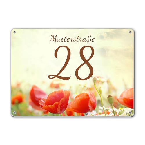 banjado® Hausnummernschild personalisierbar Motiv Kamille Und Mohn - Hausschild personalisiert Draußen mit Straßennamen möglich - Hausnummernschild Edelstahl versch. Motive - inkl. Montagematerial von banjado