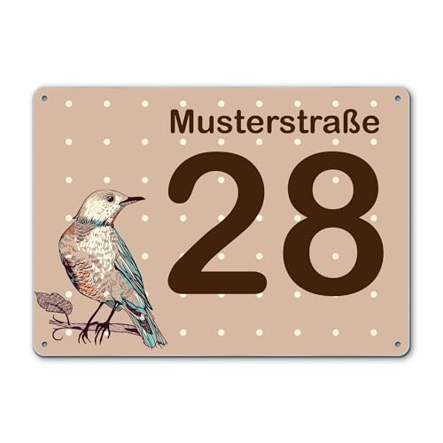 banjado® Hausnummernschild personalisierbar Motiv Vier Vögel - Hausschild personalisiert Draußen mit Straßennamen möglich - Hausnummernschild Edelstahl versch. Motive - inkl. Montagematerial von banjado