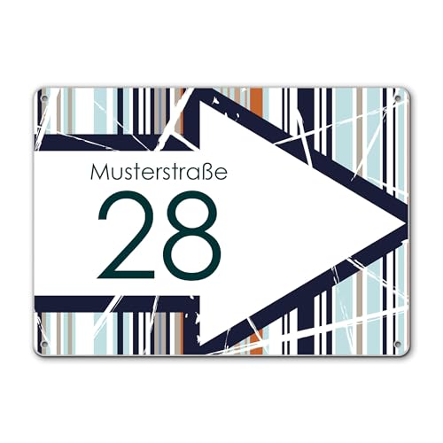 banjado® Hausnummernschild personalisierbar Motiv WT Pfeil Und Streifen - Hausschild personalisiert Draußen mit Straßennamen - Hausnummernschild Edelstahl versch. Motive - inkl. Montagematerial von banjado