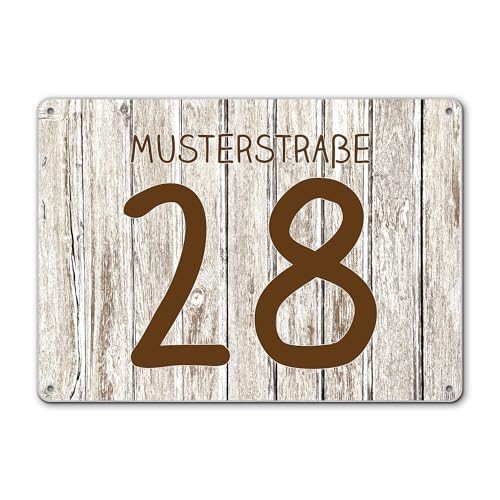 banjado® Hausnummernschild personalisierbar Motiv Weißes Holz - Hausschild personalisiert Draußen mit Straßennamen möglich - Hausnummernschild Edelstahl versch. Motive - inkl. Montagematerial von banjado