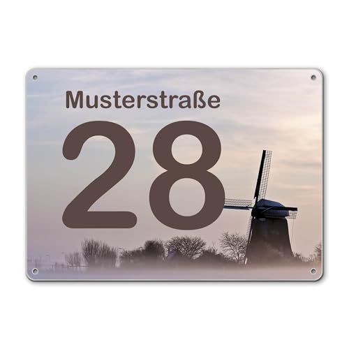 banjado® Hausnummernschild personalisierbar Motiv Windmühle im Winter - Hausschild personalisiert Draußen mit Straßennamen möglich - Hausnummernschild Edelstahl versch. Motive - inkl. Montagematerial von banjado