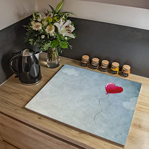 banjado® Herdabdeckplatte Glas 1-teilig 60x52 cm/Schneidebrett Herdabdeckung mit Motiv Herzballon/Herdabdeckplatten Ceranfeld 1teilig / Schneidebrett Glas individuell einsetzbar von banjado