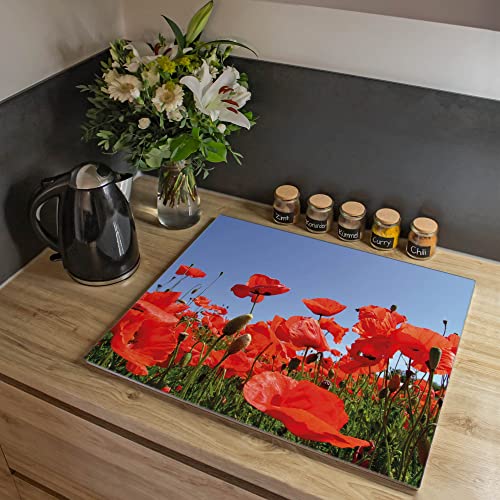 banjado® Herdabdeckplatte Glas 1-teilig 60x52 cm/Schneidebrett Herdabdeckung mit Motiv Mohnblumen/Herdabdeckplatten Ceranfeld 1teilig / Schneidebrett Glas individuell einsetzbar von banjado