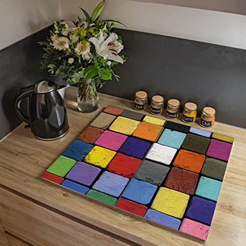 banjado® Herdabdeckplatte Glas 2-teilig je 30x52 cm/Schneidebrett Herdabdeckung mit Motiv Bunte Kreide/Herdabdeckplatten Ceranfeld 2teilig / Schneidebrett Glas individuell einsetzbar von banjado