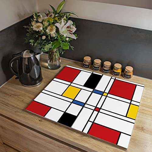 banjado® Herdabdeckplatte Glas 2-teilig 70x52 cm/Schneidebrett Herdabdeckung mit Motiv Rot Gelb Blau/Herdabdeckplatten Ceranfeld 2teilig / Schneidebrett Glas individuell einsetzbar von banjado