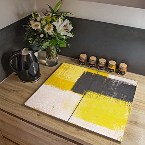 banjado Herdabdeckplatte Glas 2-teilig 60x52cm - Schneidebrett Herdabdeckung - Herdabdeckplatten Ceranfeld 2-teilig - Schneidebrett Glas - Motiv Abstrakt Gelb von banjado
