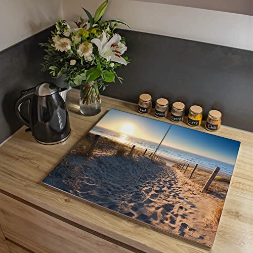 banjado® Herdabdeckplatte Glas 2-teilig 80x52 cm/Schneidebrett Herdabdeckung mit Motiv Nordseestrand/Herdabdeckplatten Ceranfeld 2teilig / Schneidebrett Glas individuell einsetzbar von banjado