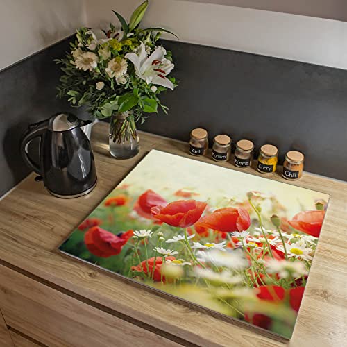 banjado® Herdabdeckplatte Glas 1-teilig 60x52 cm/Schneidebrett Herdabdeckung mit Motiv Kamille Und Mohn/Herdabdeckplatten Ceranfeld 1teilig / Schneidebrett Glas individuell einsetzbar von banjado