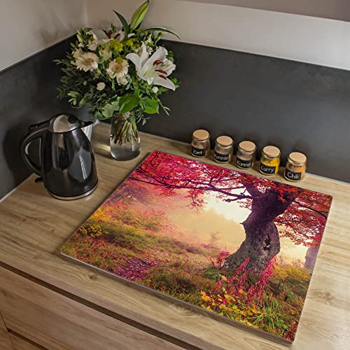banjado® Herdabdeckplatte Glas 1-teilig 60x52 cm/Schneidebrett Herdabdeckung mit Motiv Lichtung Im Herbst/Herdabdeckplatten Ceranfeld 1teilig / Schneidebrett Glas individuell einsetzbar von banjado