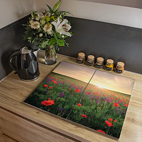 banjado® Herdabdeckplatte Glas 2-teilig je 30x52 cm/Schneidebrett Herdabdeckung mit Motiv Sommerfeld/Herdabdeckplatten Ceranfeld 2teilig / Schneidebrett Glas individuell einsetzbar von banjado