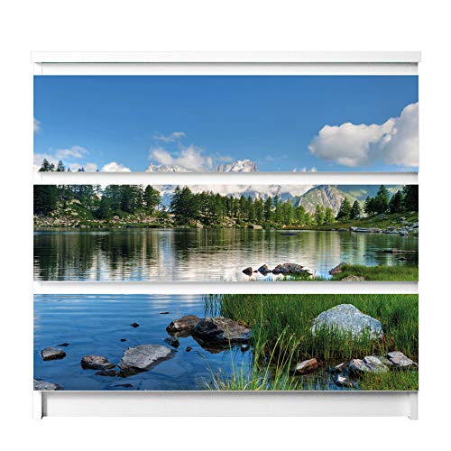 banjado® Möbelfolie selbstklebend für die IKEA Malm Kommode 3 Schubladen - Schrankfolien selbstklebend mit Motiv Gebirgssee/Möbelfolie Malm für Kinder von banjado