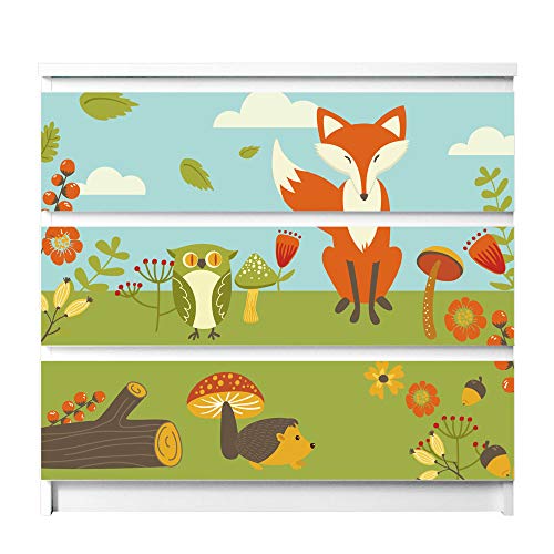 banjado® Möbelfolie selbstklebend für die IKEA Malm Kommode 3 Schubladen - Schrankfolien selbstklebend mit Motiv Neulich Im Wald/Möbelfolie Malm für Kinder von banjado