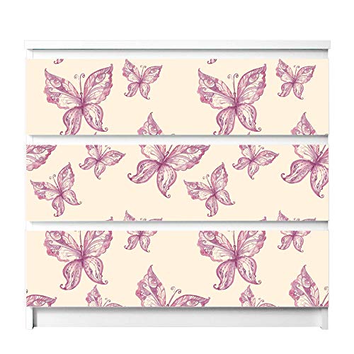 banjado® Möbelfolie selbstklebend für die IKEA Malm Kommode 3 Schubladen - Schrankfolien selbstklebend mit Motiv Purpur Schmetterling/Möbelfolie Malm für Kinder von banjado