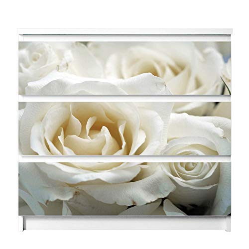 banjado® Möbelfolie selbstklebend für die IKEA Malm Kommode 3 Schubladen - Schrankfolien selbstklebend mit Motiv White Roses/Möbelfolie Malm für Kinder von banjado