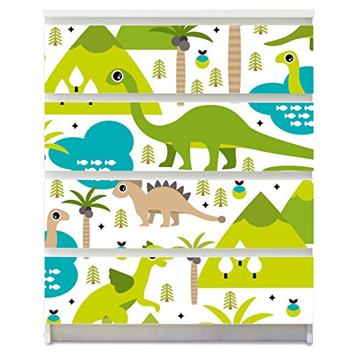 banjado® Möbelfolie selbstklebend für die IKEA Malm Kommode 4 Schubladen - Schrankfolien selbstklebend mit Motiv Dinosaurier/Möbelfolie Malm für Kinder von banjado
