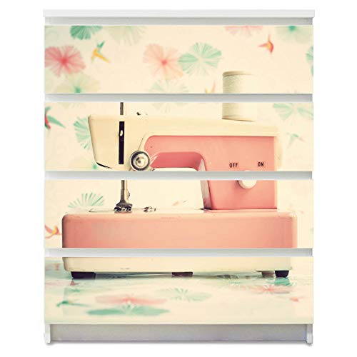 banjado® Möbelfolie selbstklebend für die IKEA Malm Kommode 4 Schubladen - Schrankfolien selbstklebend mit Motiv Nähmaschine/Möbelfolie Malm für Kinder von banjado