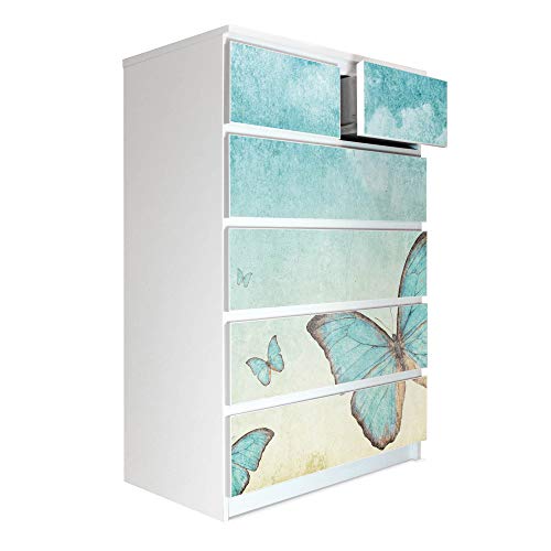 banjado® Möbelfolie selbstklebend für die IKEA Malm Kommode 6 Schubladen - Schrankfolien selbstklebend mit Motiv Blaue Schmetterlinge/Möbelfolie Malm für Kinder von banjado