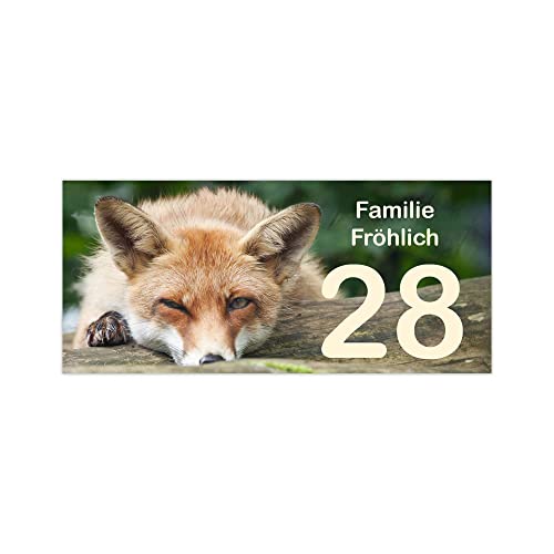 banjado® Namensschild Briefkasten personalisierbar/Briefkastenschild selbstklebend 20x9cm/ Briefkasten Schild wetterfest/Briefkasten Beschriftung mit Namen oder Hausnummer Fuchs Relax von banjado