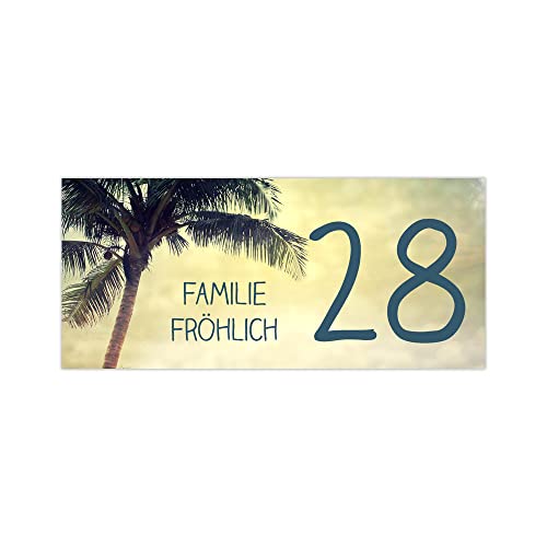 banjado® Namensschild Briefkasten personalisierbar/Briefkastenschild selbstklebend 20x9cm/ Briefkasten Schild wetterfest/Briefkasten Beschriftung mit Namen oder Hausnummer Palme am Strand von banjado