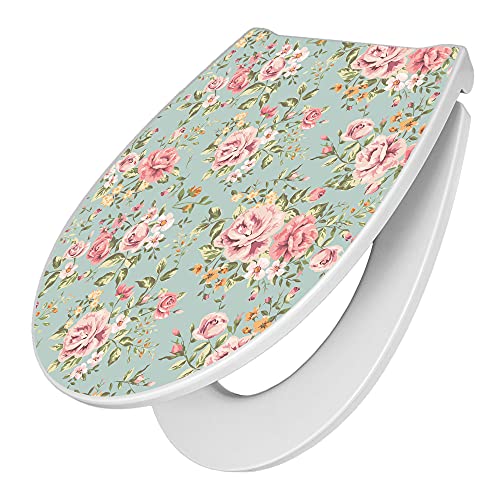 banjado Premium Toilettendeckel mit Absenkautomatik 45x38,4cm / WC Brille Soft Close/hygienischer Toilettendeckel/Klodeckel Duroplast mit Edelstahl Scharnier/Motiv Altrosa Blume von banjado