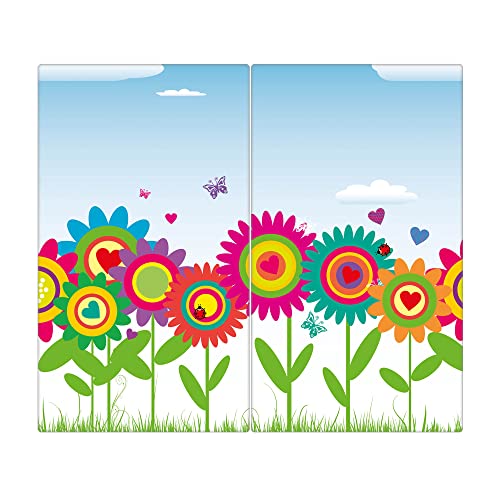 banjado Schneidebrett Glas mit Motiv Bunte Blumen - großes zweiteiliges Glasschneidebrett rechteckig 2 x 30 cm x 52 cm - auch verwendbar als Schneidebrett Herdabdeckung von banjado