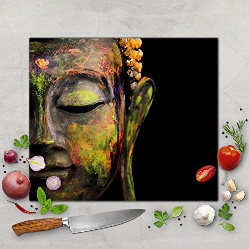 banjado® Schneidebrett Glas mit Motiv Bunter Buddha/großes Glasschneidebrett/Schneidebrett mit Bild auch verwendbar als Herdabdeckplatte Glas/Schneidebrett Herdabdeckung von banjado