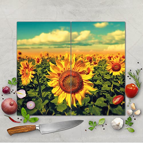 banjado® Schneidebrett Glas mit Motiv Sonnenblumen/großes Glasschneidebrett/Schneidebrett mit Bild auch verwendbar als Herdabdeckplatte Glas/Schneidebrett Herdabdeckung von banjado