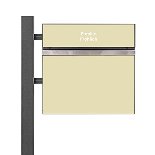 banjado® Standbriefkasten Anthrazit mit Namensschild Beige & Zeitungsfach/Briefkasten mit Standfuß in Anthrazit/Postkasten A4 Einwurf inkl. Montagematerial & 2 Schlüsseln von banjado