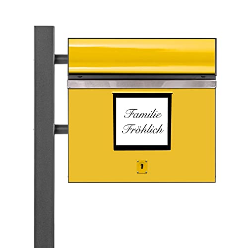banjado® Standbriefkasten Anthrazit mit Namensschild Post Gelb & Zeitungsfach/Briefkasten mit Standfuß in Anthrazit/Postkasten A4 Einwurf inkl. Montagematerial & 2 Schlüsseln von banjado