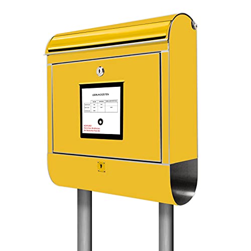 banjado® Standbriefkasten Edelstahl mit Zeitungsfach Motiv Briefkasten Gelb / Briefkasten mit Standfuß / Edelstahl Briefkasten freistehend - A4 Einwurf inkl. 2 Schlüssel von banjado