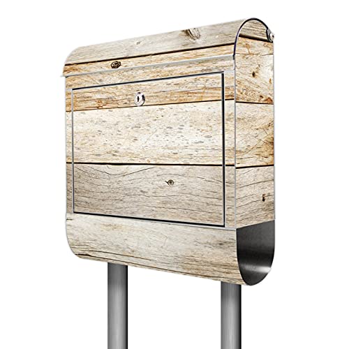 banjado® Standbriefkasten Edelstahl mit Zeitungsfach Motiv Graues Holz/Briefkasten mit Standfuß/Edelstahl Briefkasten freistehend - A4 Einwurf inkl. 2 Schlüssel von banjado