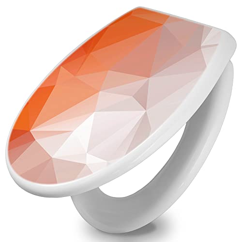 banjado Toilettendeckel mit Absenkautomatik 44,5x37cm / WC Sitz mit Absenkautomatik/Toilettensitz Duroplast mit Edelstahl Scharnieren/Klodeckel mit Absenkautomatik Motiv Orange Polygon von banjado