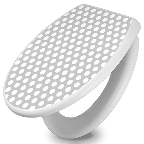 banjado Toilettendeckel mit Absenkautomatik 44,5x37cm / WC Sitz mit Absenkautomatik/Toilettensitz Duroplast mit Edelstahl Scharnieren/Klodeckel mit Absenkautomatik Motiv Punkte Grau von banjado