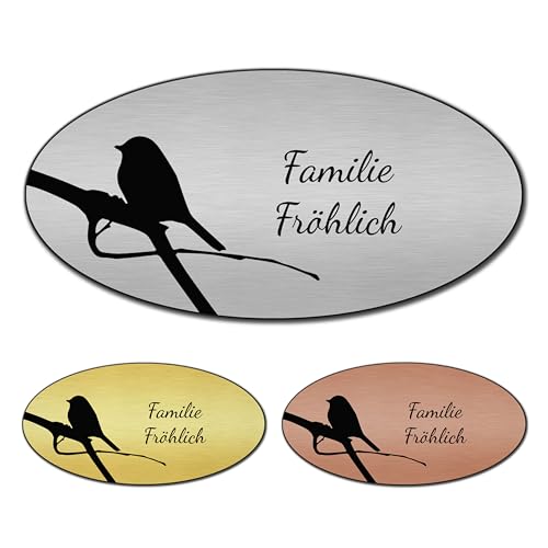 banjado® Türschild 2 Silber personalisiert Graviertes Klingelschild selbstklebend oder als Namensschild Briefkasten versch. Größen Hausschild personalisiert für Draußen mit Namen Früher Vogel von banjado