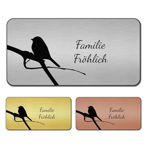 banjado® Türschild Gold personalisiert/Graviertes Klingelschild selbstklebend oder als Namensschild Briefkasten versch. Größen & Designs/Hausschild personalisiert für Draußen mit Namen Früher Vogel von banjado