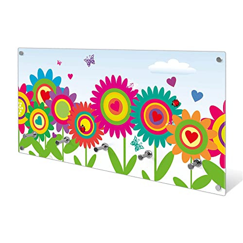 banjado® Wandgarderobe aus Echtglas/Design Garderobe 80x40x6 cm groß/Flurgarderobe mit 5 Haken/Magnetisches Garderobenpaneel Motiv Bunte Blumen von banjado